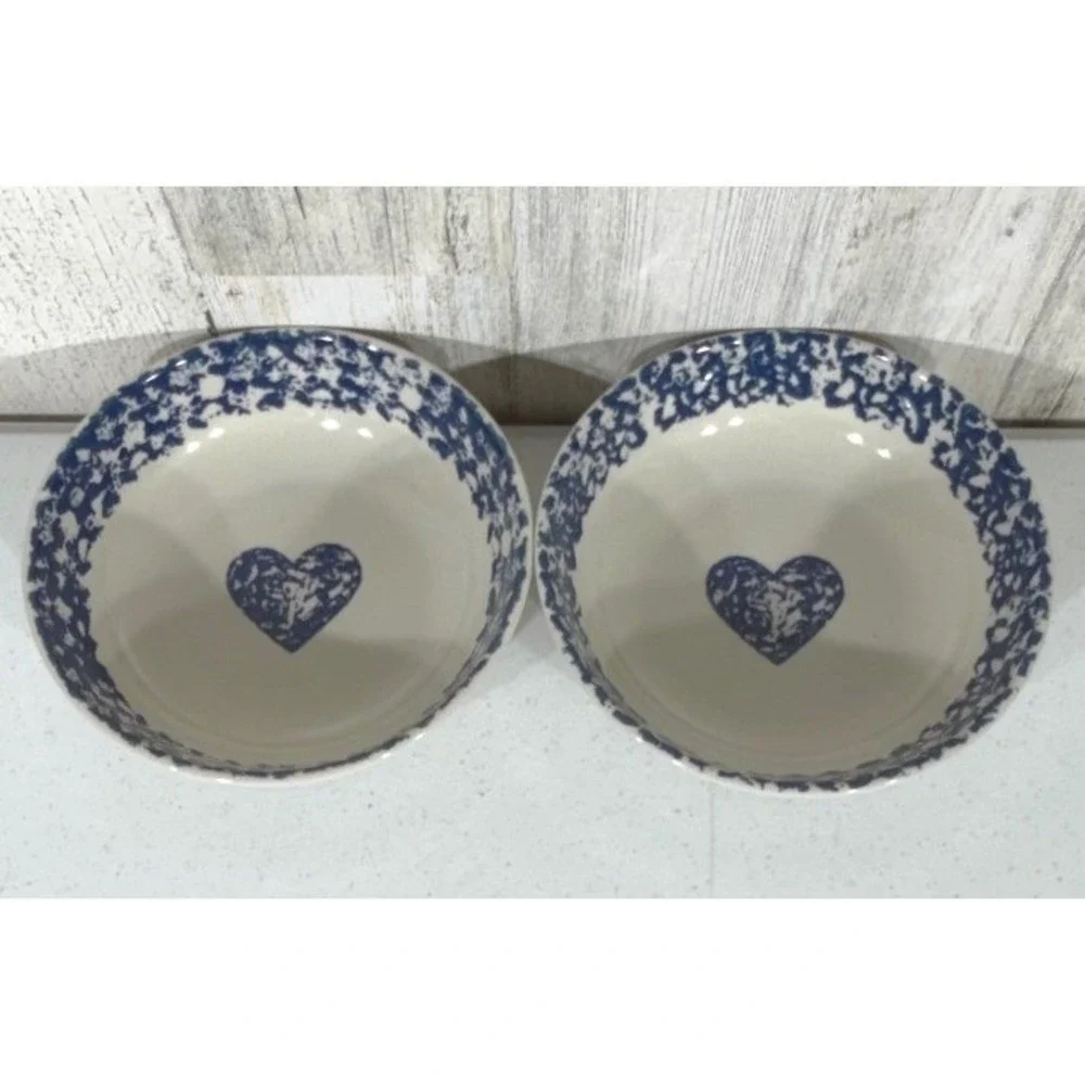 Folk Craft Heart Tienshan Soup Cereal Bowls 6.5in Blue White Spongeware Set of 2